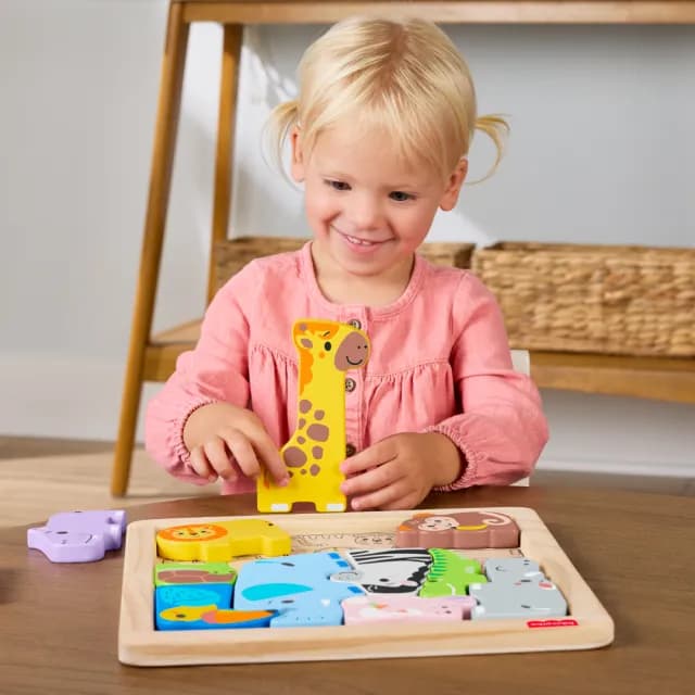 【Fisher price 費雪】木製動物積木拼圖(寶寶安撫/嬰兒玩具/彌月禮/新生兒)