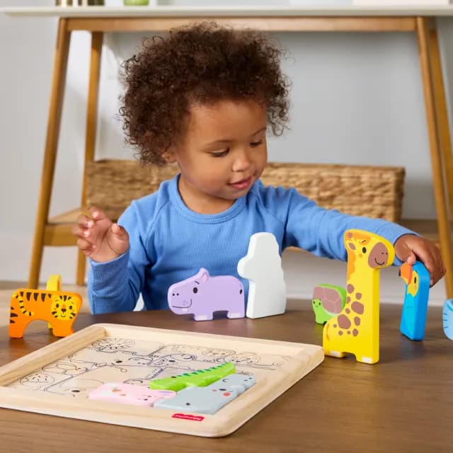 【Fisher price 費雪】木製動物積木拼圖(寶寶安撫/嬰兒玩具/彌月禮/新生兒)