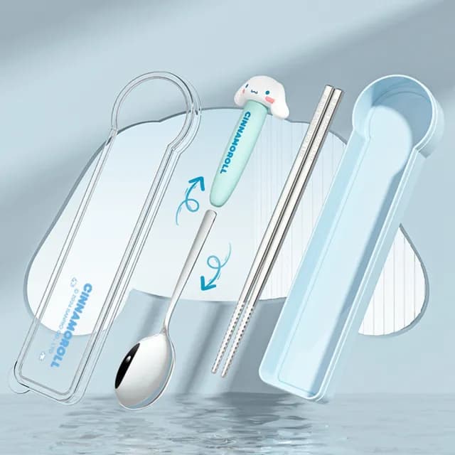 【SANRIO 三麗鷗】304不鏽鋼便攜筷子湯匙環保餐具組 附收納盒(酷洛米/美樂蒂/凱蒂貓/大耳狗)