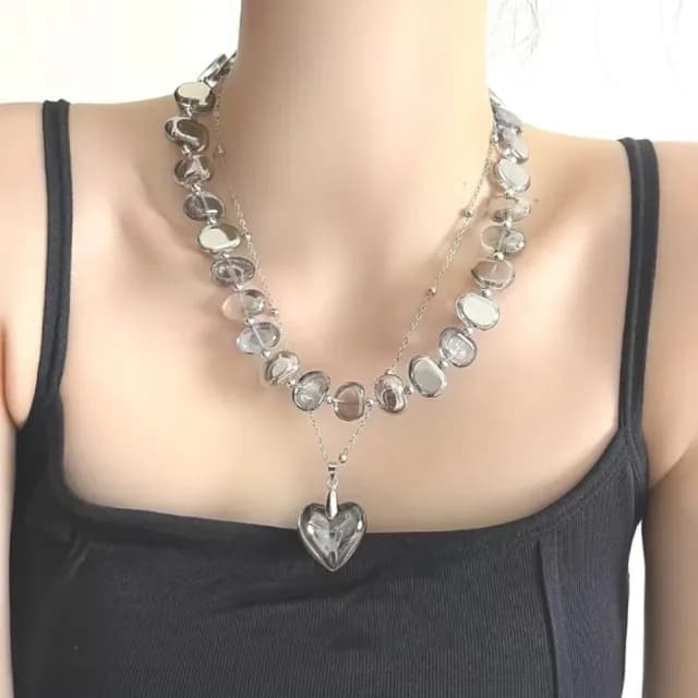 【時尚桃心】不規則雙層愛心水晶項鍊(中古 透灰 串珠 女 疊戴 吊墜 墜飾 飾品)