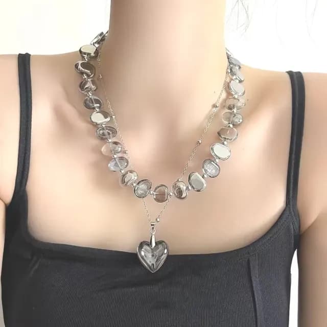 【時尚桃心】不規則雙層愛心水晶項鍊(中古 透灰 串珠 女 疊戴 吊墜 墜飾 飾品)