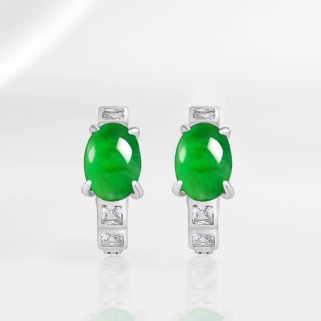【Paiya 派亞】天然A貨翡翠陽綠蛋面耳扣冰種玉石耳釘S925銀鑲嵌時尚女士耳飾(送禮好物/交換禮物)