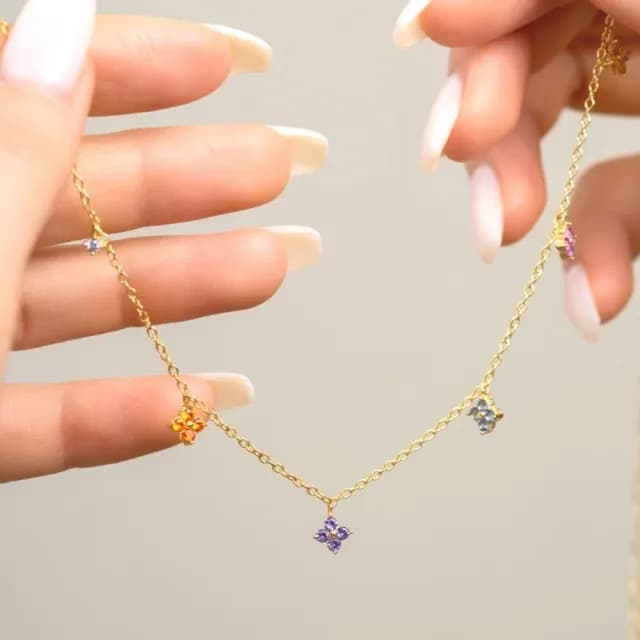 【幸運配飾】法式彩鋯石925純銀項鍊(多巴胺 彩色 彩鑽 四葉草 百搭 鎖骨鍊 飾品)