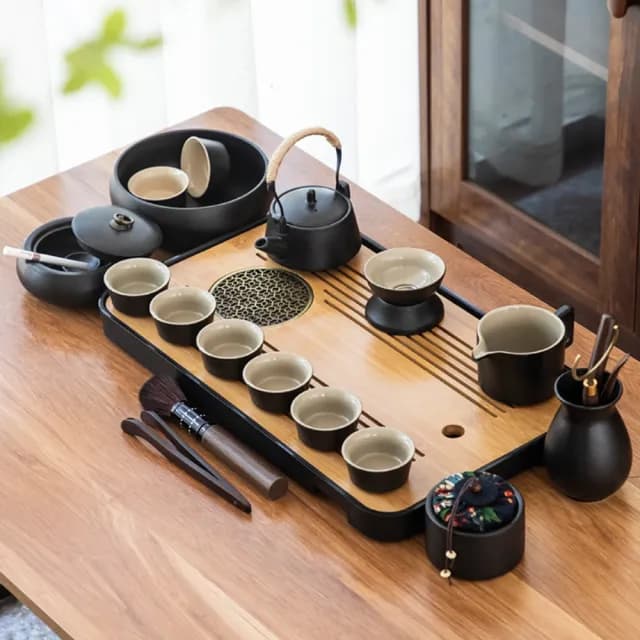 【JU JIA JIA 居家家】黑陶茶具提梁壺15件配望月兩用盤(茶具 排水儲水兩用茶盤茶壺 黑陶茶具)