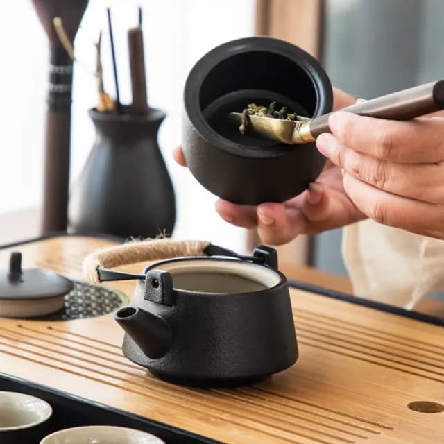 【JU JIA JIA 居家家】黑陶茶具提梁壺15件配望月兩用盤(茶具 排水儲水兩用茶盤茶壺 黑陶茶具)