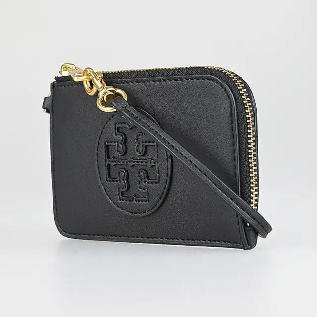 【TORY BURCH】TORY BURCH Ella Bio 皮革T字LOGO霧面牛皮4卡腕帶式拉鍊卡片零錢包(黑)