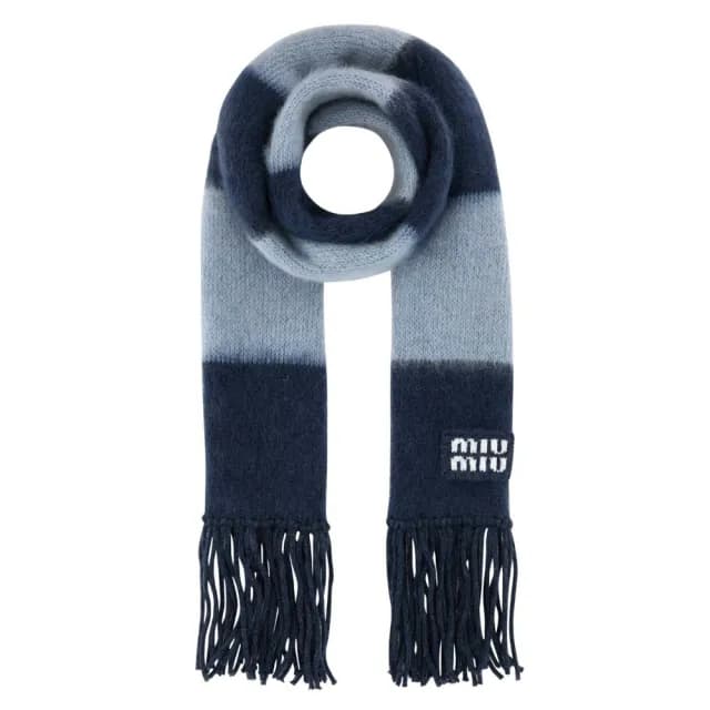 【MIU MIU】Logo 格紋 羊毛流蘇 圍巾 藍色 5FS094