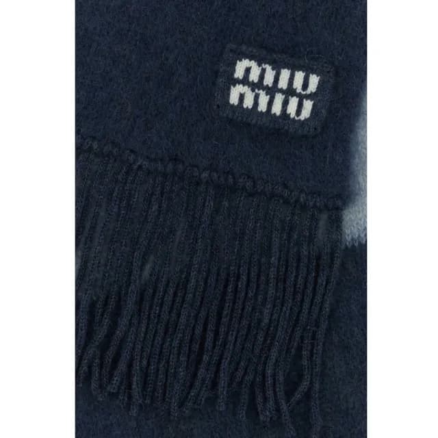 【MIU MIU】Logo 格紋 羊毛流蘇 圍巾 藍色 5FS094