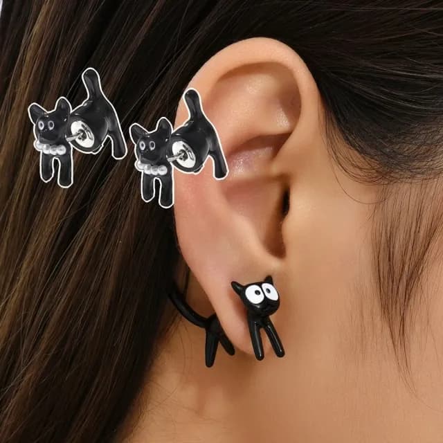 【立體耳飾】可愛黑貓耳環2套組(可拆式 兒童 卡通 耳墜 飾品 耳針 耳釘 首飾 耳環 配件 禮物)