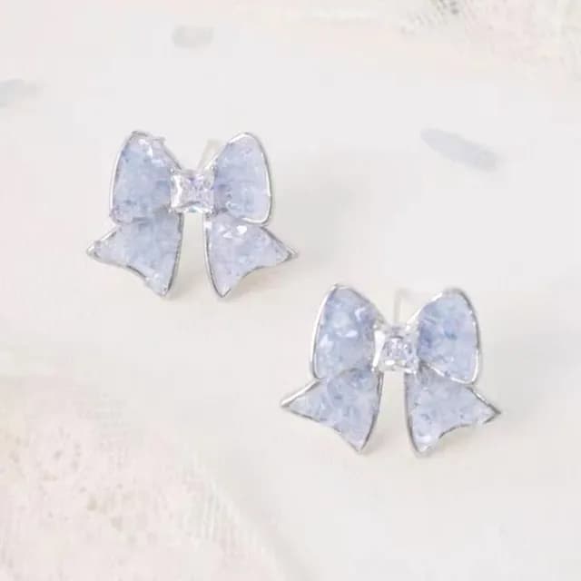 【韓系夏日】海水藍晶石蝴蝶結耳環1對(輕奢 耳墜 耳飾 耳針 耳釘 首飾 送禮)