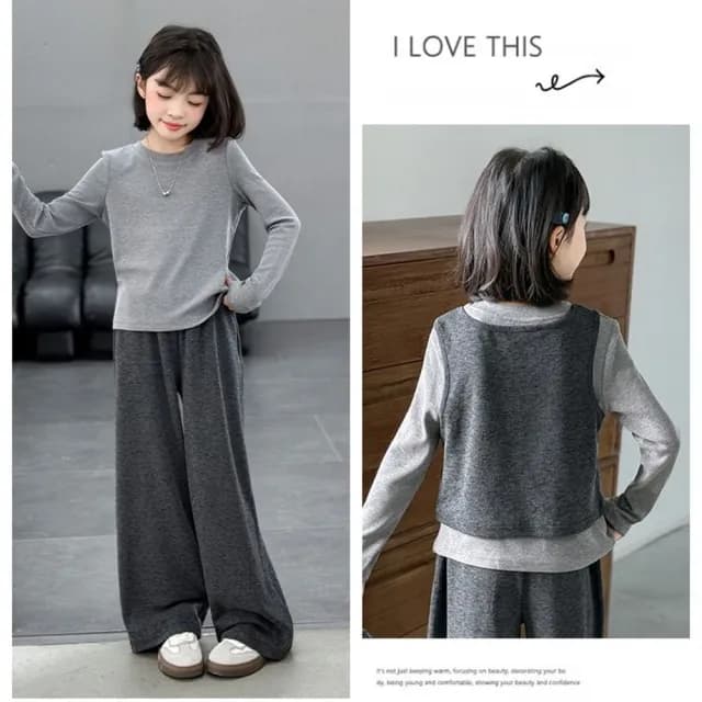 【小衣衫童裝】中大女童秋款三件式休閒背心長袖長褲套裝(1140823)