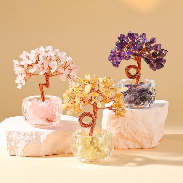 【Homeco】黃水晶發財樹擺件 聚寶盆水晶樹 招財開運擺飾(喬遷開業禮物 居家擺件)