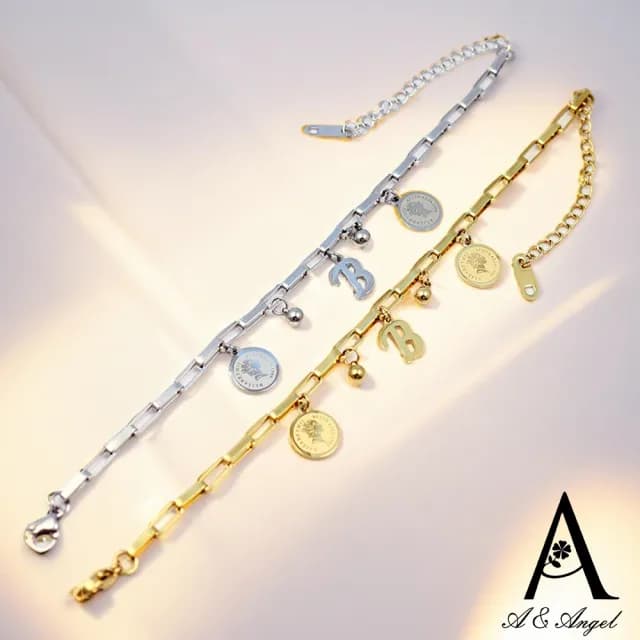 【ANGEL】音符律動嘻哈英文字母圓牌個性可調手鍊(2色26個字母可選)