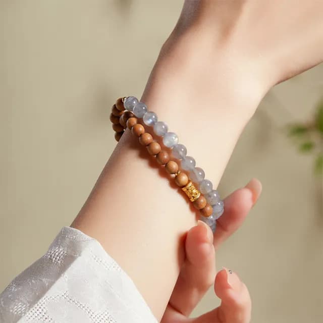 【KT DADA】雙11 檀木手串 純銀手鍊 串珠 灰月光石 串珠手鍊 雙圈手串 百搭飾品