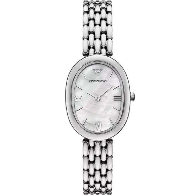 【EMPORIO ARMANI】亞曼尼 白鹿配戴款 橢圓珍珠貝雙針女錶-26x34mm 禮物 送禮 推薦(AR11706)