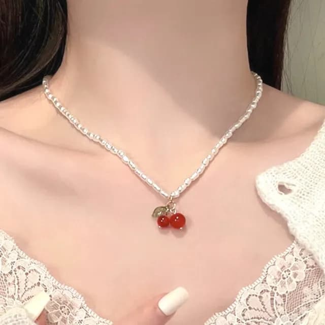 【百搭單品】韓系珍珠櫻桃鎖骨鍊(七夕 情人節  疊戴項鍊 飾品 頸鏈 首飾 禮物)