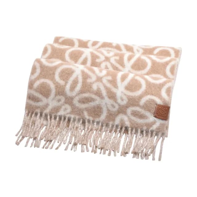 【LOEWE 羅威】經典滿版品牌LOGO羊駝毛羊毛混紡流蘇長圍巾(米/白色F811257X23-2147)