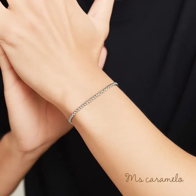 【Ms caramelo 焦糖小姐】925純銀鍍K白手鍊 男款 水波紋鍊(輕奢麻花編織手鍊)