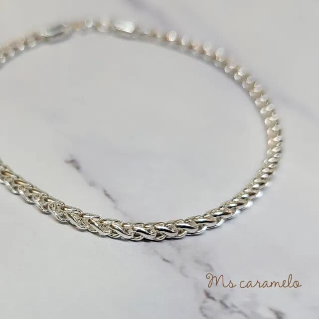 【Ms caramelo 焦糖小姐】925純銀鍍K白手鍊 男款 編織立體手鍊(銀手鍊)