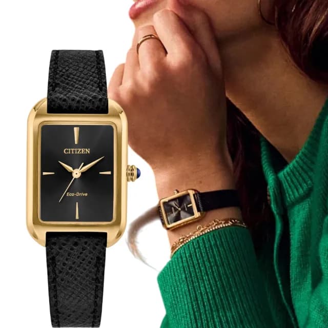 【CITIZEN 星辰】LADYS 黑色 優雅方形腕錶 女錶 手錶-23.5mm(EM1192-01E)