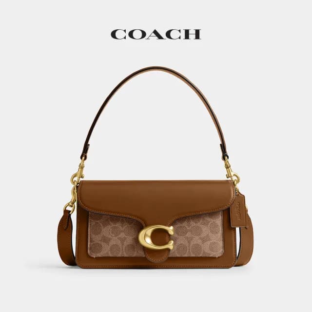 【COACH】蔻馳官方直營 TABBY 26 經典 SIGNATURE 帆布單肩手袋 單肩包 肩背包-B4/棕黃色 棕色(CI032)