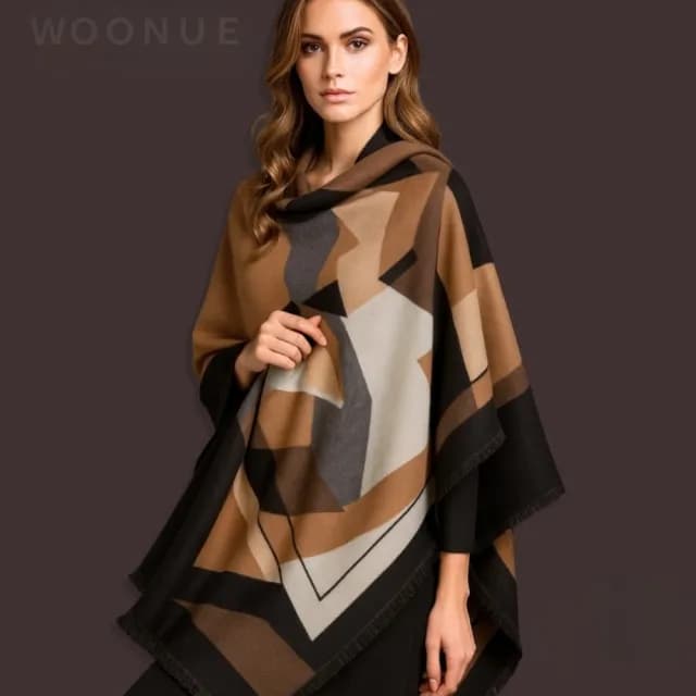 【WOONUE】時尚女士歐美專櫃秋冬柔軟針織親膚保暖幾何寬版斗篷圍巾冷氣披肩(閨蜜女友老婆媽媽情人生日禮物)