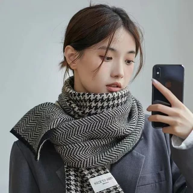 【NDM 南大門】百搭情侶款 針織保暖加厚千鳥格雙面設計 防風男女圍巾圍脖披肩(優雅黑)