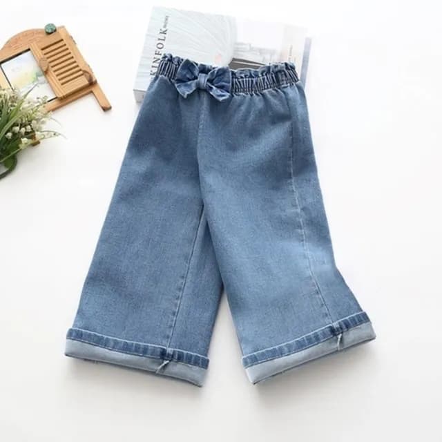【橘魔法】蝴蝶結鬆緊牛仔褲(七分褲 寬褲 褲子 闊腿褲 兒童 童裝)