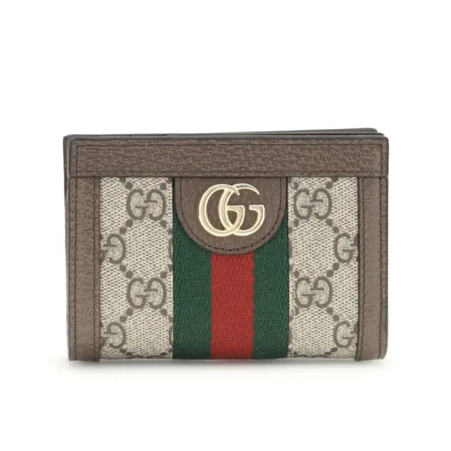 【GUCCI 古馳】Ophidia Small GG 帆布 牛皮 卡夾 皮夾 零錢包 短夾 米色 烏木色 813296
