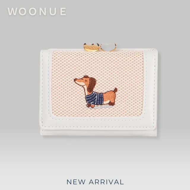 【WOONUE】氣質款臘腸狗折疊短皮夾多功能名片卡夾口金零錢包(情人老婆聖誕女兒母親生日節禮物)