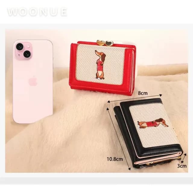 【WOONUE】氣質款臘腸狗折疊短皮夾多功能名片卡夾口金零錢包(情人老婆聖誕女兒母親生日節禮物)