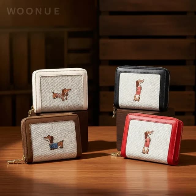 【WOONUE】氣質款臘腸狗布繡折疊短皮夾多功能名片卡夾零錢包(情人老婆聖誕女兒母親生日節禮物)