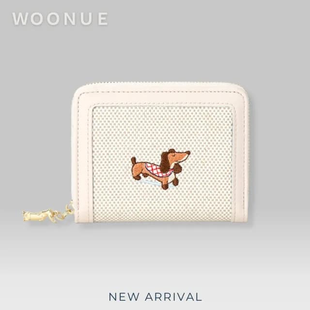 【WOONUE】氣質款臘腸狗布繡折疊短皮夾多功能名片卡夾零錢包(情人老婆聖誕女兒母親生日節禮物)