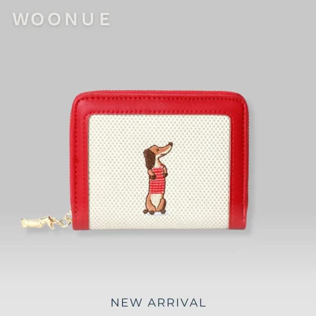 【WOONUE】氣質款臘腸狗布繡折疊短皮夾多功能名片卡夾零錢包(情人老婆聖誕女兒母親生日節禮物)