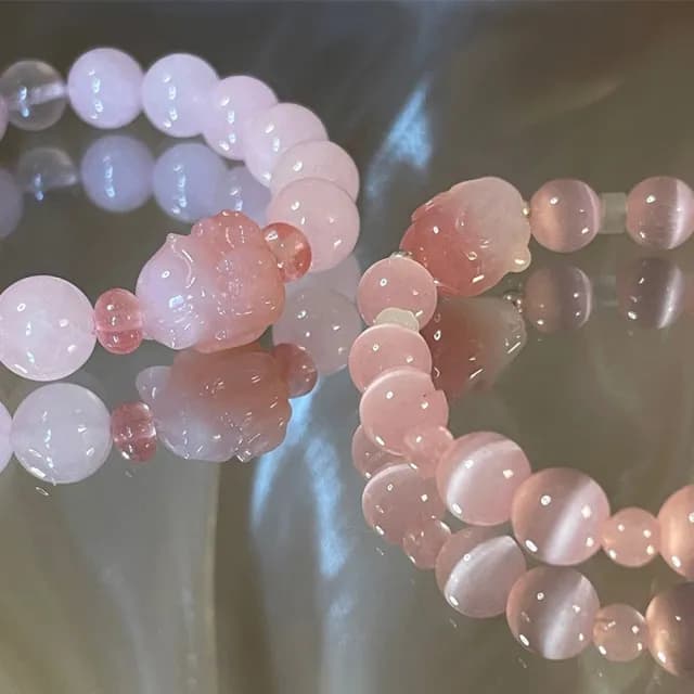 【MoonDy】雙11 粉水晶狐狸手鍊 九尾狐串珠手串 天然瑪瑙 白水晶 飾品 水晶手飾 圓珠手鍊