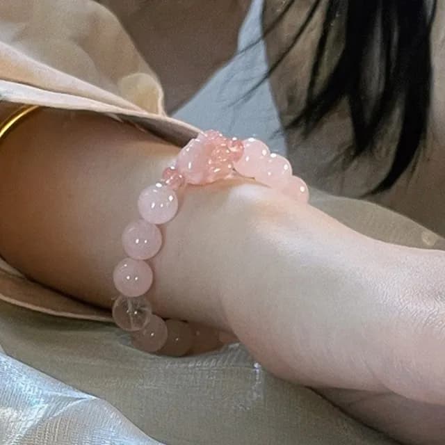 【MoonDy】雙11 粉水晶狐狸手鍊 九尾狐串珠手串 天然瑪瑙 白水晶 飾品 水晶手飾 圓珠手鍊