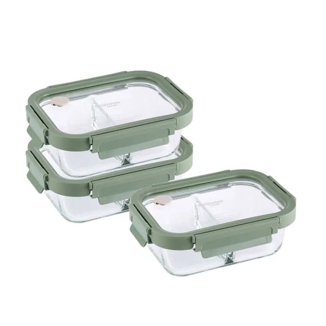 【CorelleBrands 康寧餐具】文青款 分隔長方形全可拆玻璃保鮮盒640ML三入組(上蓋可微波)