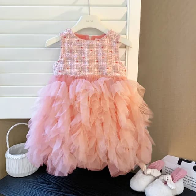 【橘魔法】粉編織毛尼背心蛋糕裙(澎澎裙 蓬蓬裙 連身裙 禮服 裙子 小香風 攝影 童裝 女童 兒童 花童)