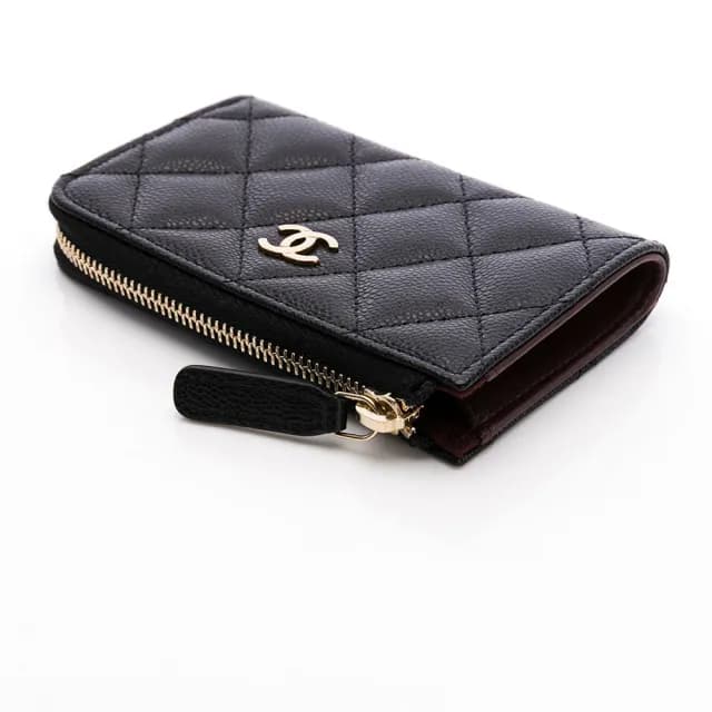 【CHANEL 香奈兒】25B 經典 拉鍊 鑰匙 零錢包(黑/金-L字拉鍊)