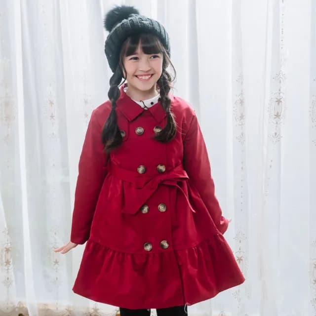 【ANNY’S 安妮公主】童裝 氣質排釦綁帶造型秋冬款傘擺風衣外套(3298紅色)