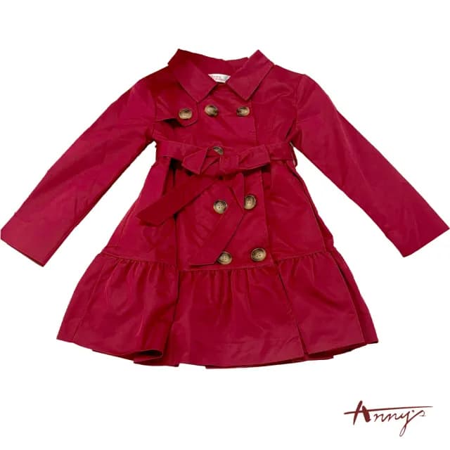 【ANNY’S 安妮公主】童裝 氣質排釦綁帶造型秋冬款傘擺風衣外套(3298紅色)