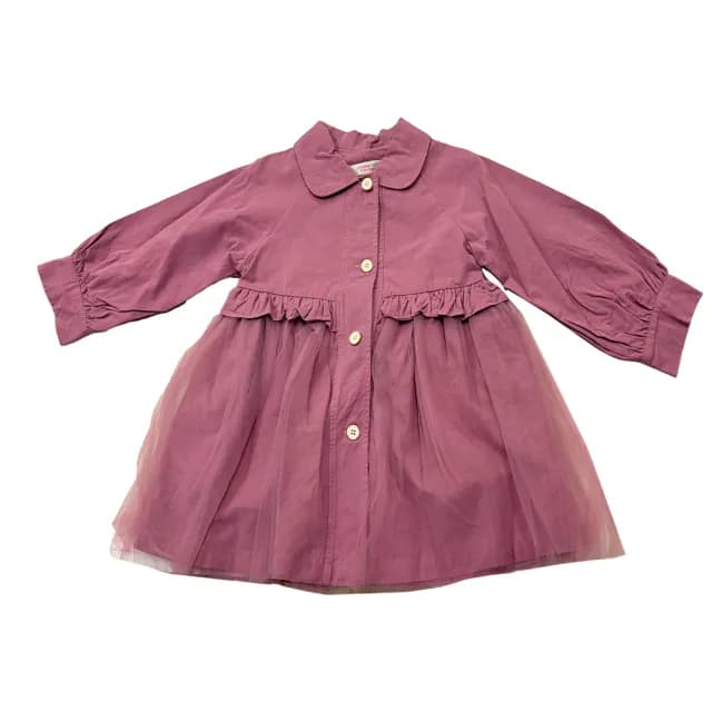 【ANNY’S 安妮公主】童裝 純棉荷葉邊拼接蕾絲秋冬款風衣外套(3297紫色)