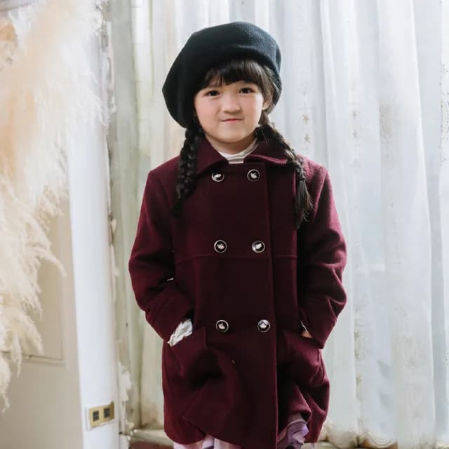 【ANNY’S 安妮公主】童裝 貴氣精緻黃冠扣秋冬款混羊毛大衣(3672紅色)
