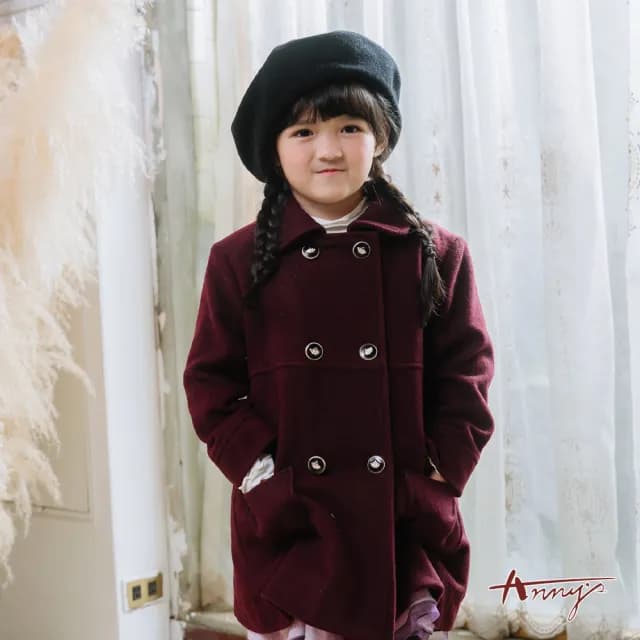 【ANNY’S 安妮公主】童裝 貴氣精緻黃冠扣秋冬款混羊毛大衣(3672紅色)