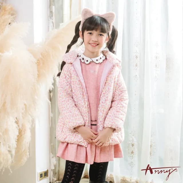 【ANNY’S 安妮公主】童裝    柔色滿版印花秋冬款拉鍊連帽鋪棉外套(3680粉紅)