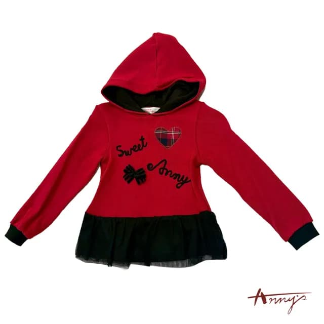 【ANNY’S 安妮公主】童裝 甜美造型秋冬款連帽純綿拼接紗裙長上衣(3627紅色)