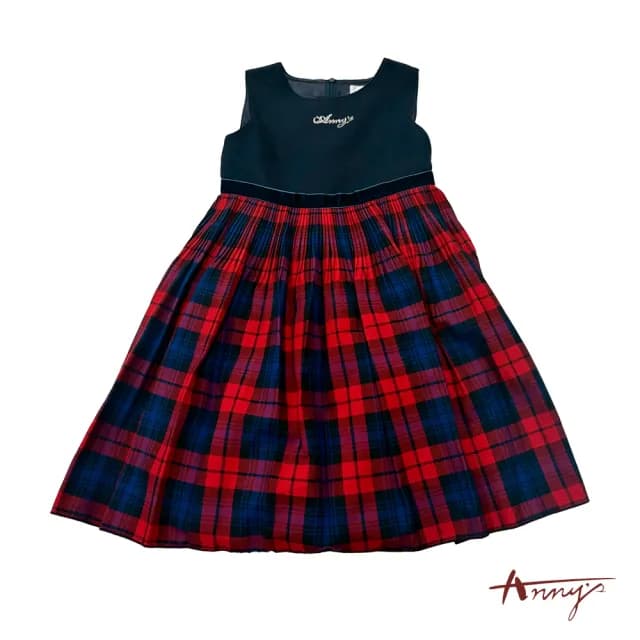 【ANNY’S 安妮公主】童裝  經典燙鑽格紋秋冬款混羊毛綁帶背心裙(3618藍色)