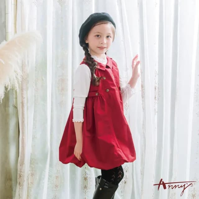 【ANNY’S 安妮公主】童裝  氣質名媛雙排扣造型秋冬款花苞背心裙(3230紅色)
