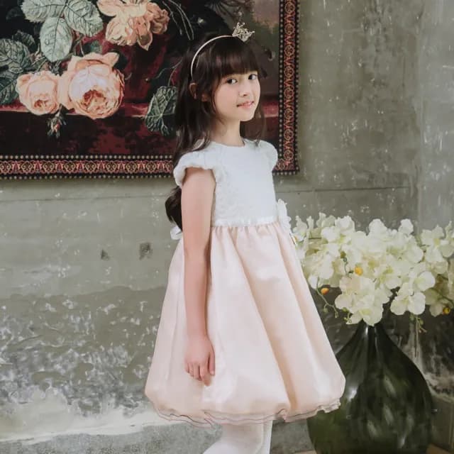 【ANNY’S 安妮公主】童裝 高雅香檳金網紗拼接秋冬款公主袖禮服(3215卡其)