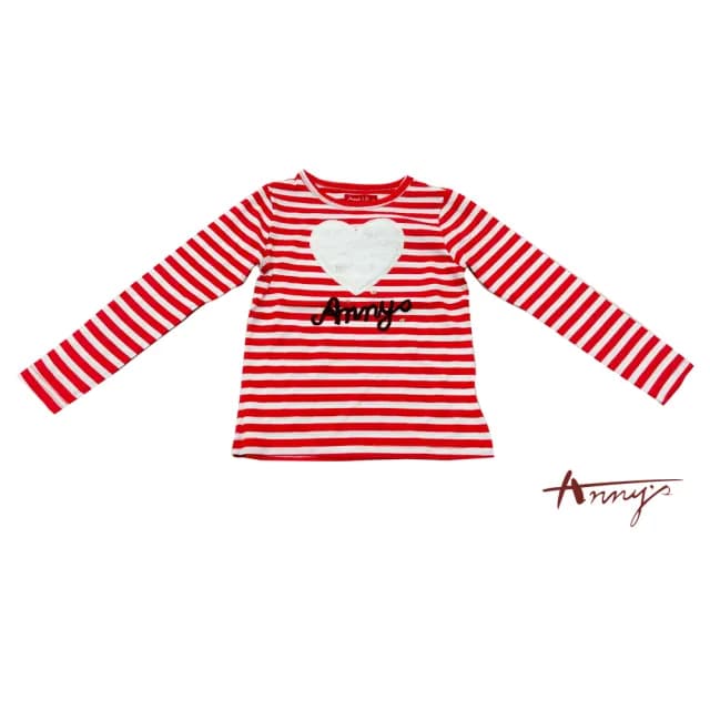 【ANNY’S 安妮公主】童裝   紅白條紋愛心LOGO秋冬款長袖上衣(3422紅色)